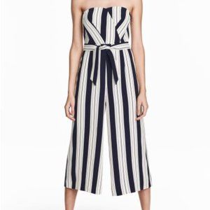 H&M Navy Blue & White Striped Strapless Jumpsuit